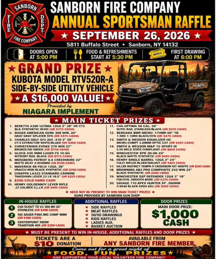 Flyer for Sanborn Fire Company Annual Sportsman Raffle