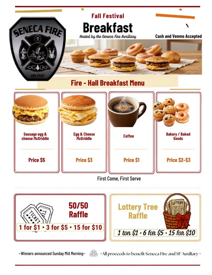 Flyer for Seneca Fire Auxiliary Fall Festival Breakfast Sale