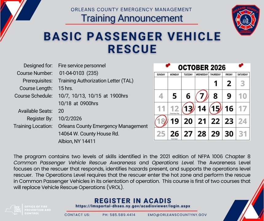 Flyer for Basic Passenger Vehicle Rescue Training